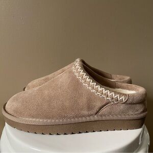 GREYSTONE SUEDE FAUX SHEARLING TASMAN BRAID SLIDE IN MULES CLOGS Taupe Brown 9